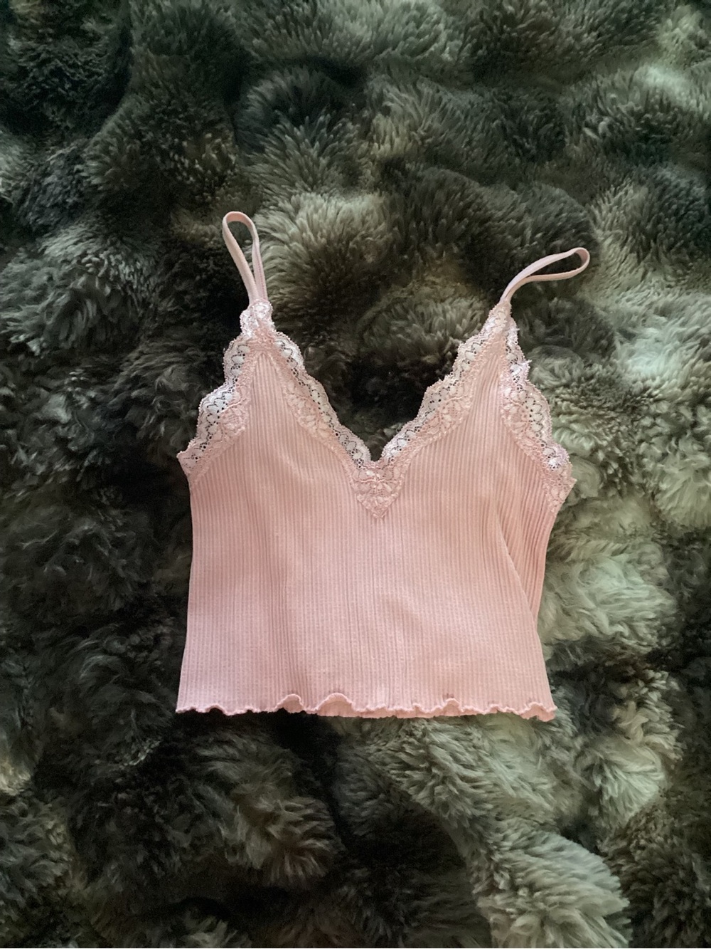 Pink Ribbed Lace Trim Cami Tank Top
